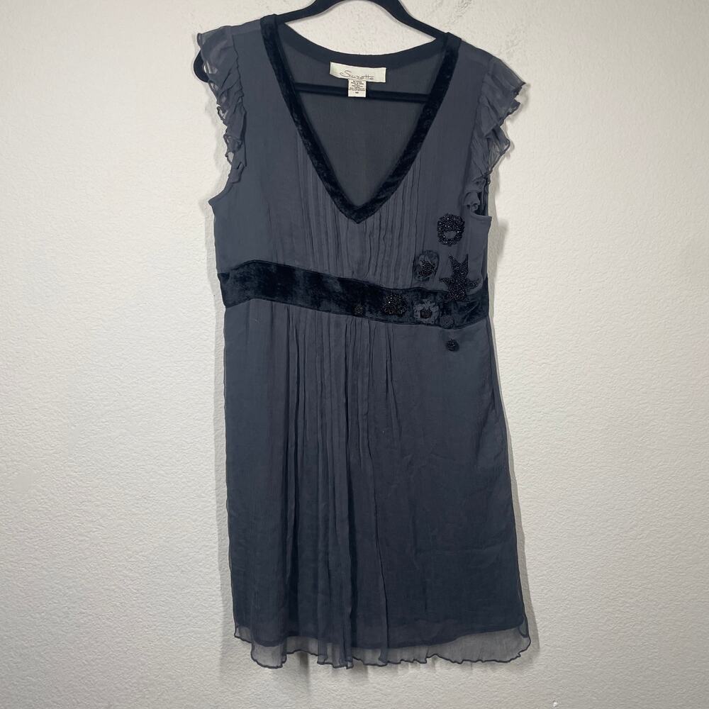 Suzette Medium Embellished Beaded Mini Shift Dress Black V Neck Velvet Trim